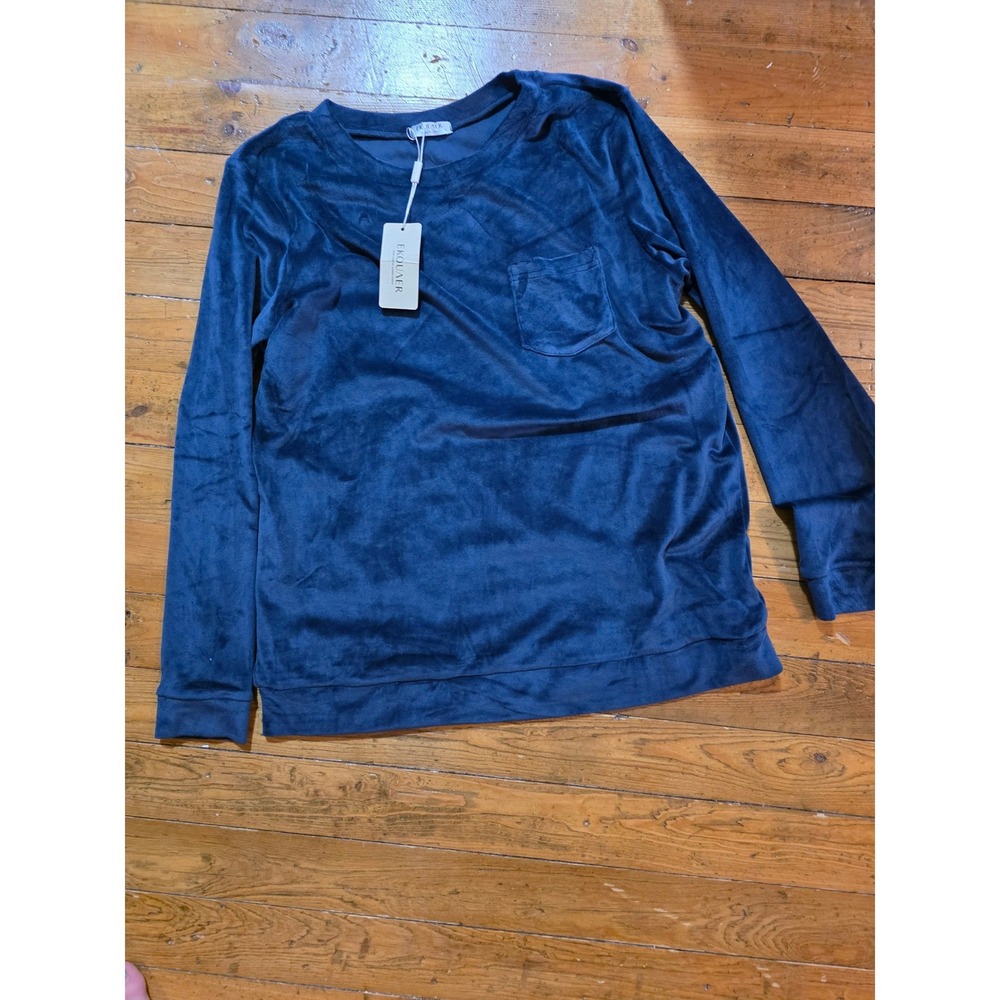 Ekouaer Navy Blue Velour Long Sleeve‎ Pajama Top Crew Neck Pocket Size L NWT